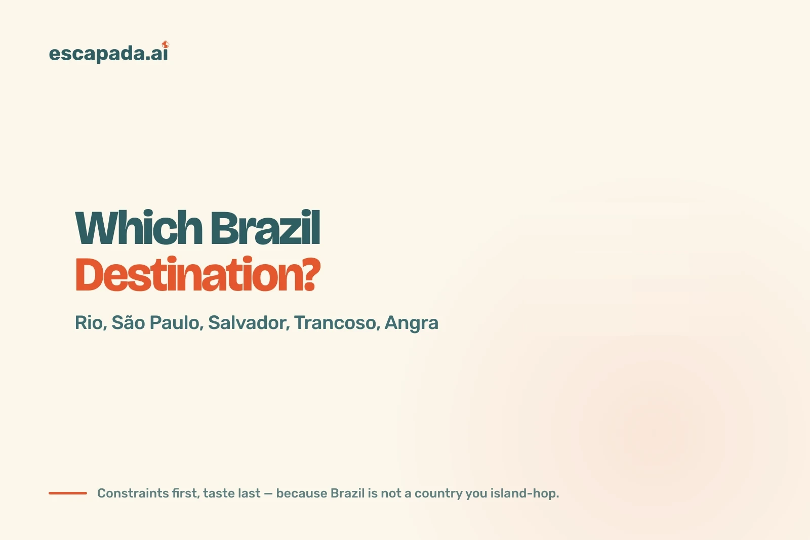 Which Brazil destination should you visit: a title card naming Rio, São Paulo, Salvador, Trancoso and Angra dos Reis