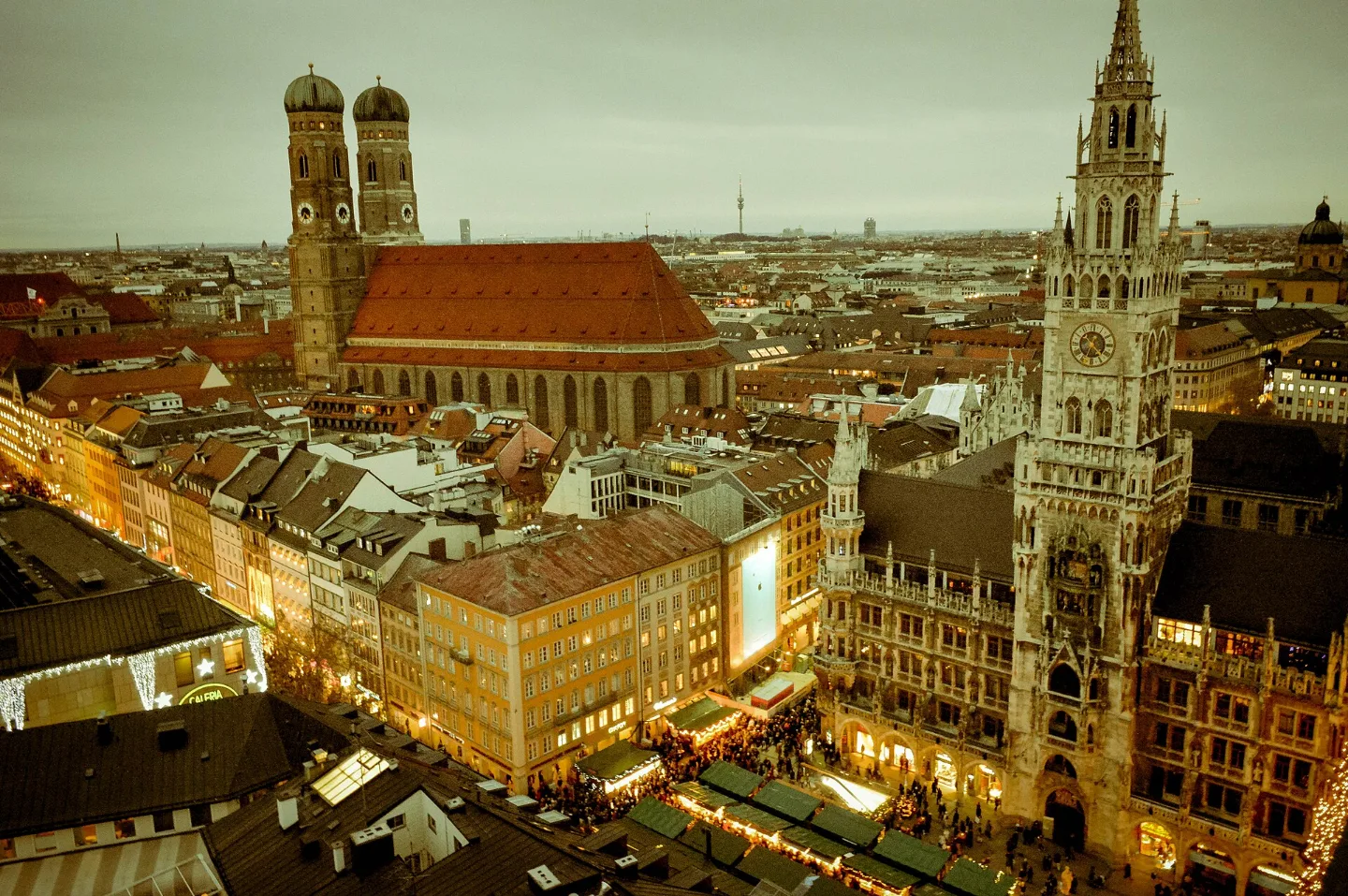 View over Munich’s Marienplatz Christmas market from Peterskirche