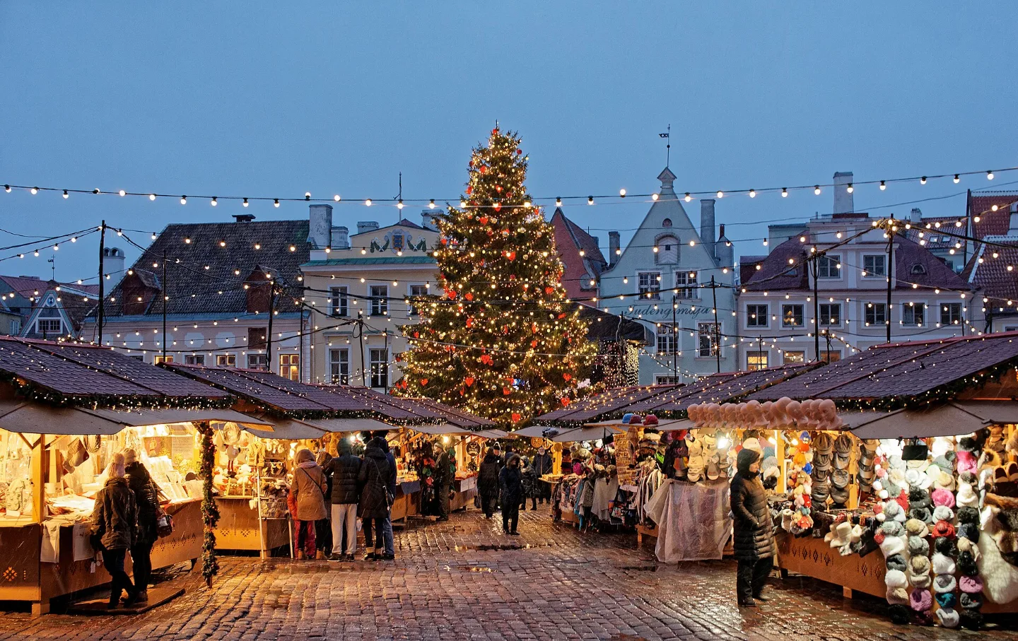 Tallinn’s Christmas market in Town Hall Square at dusk