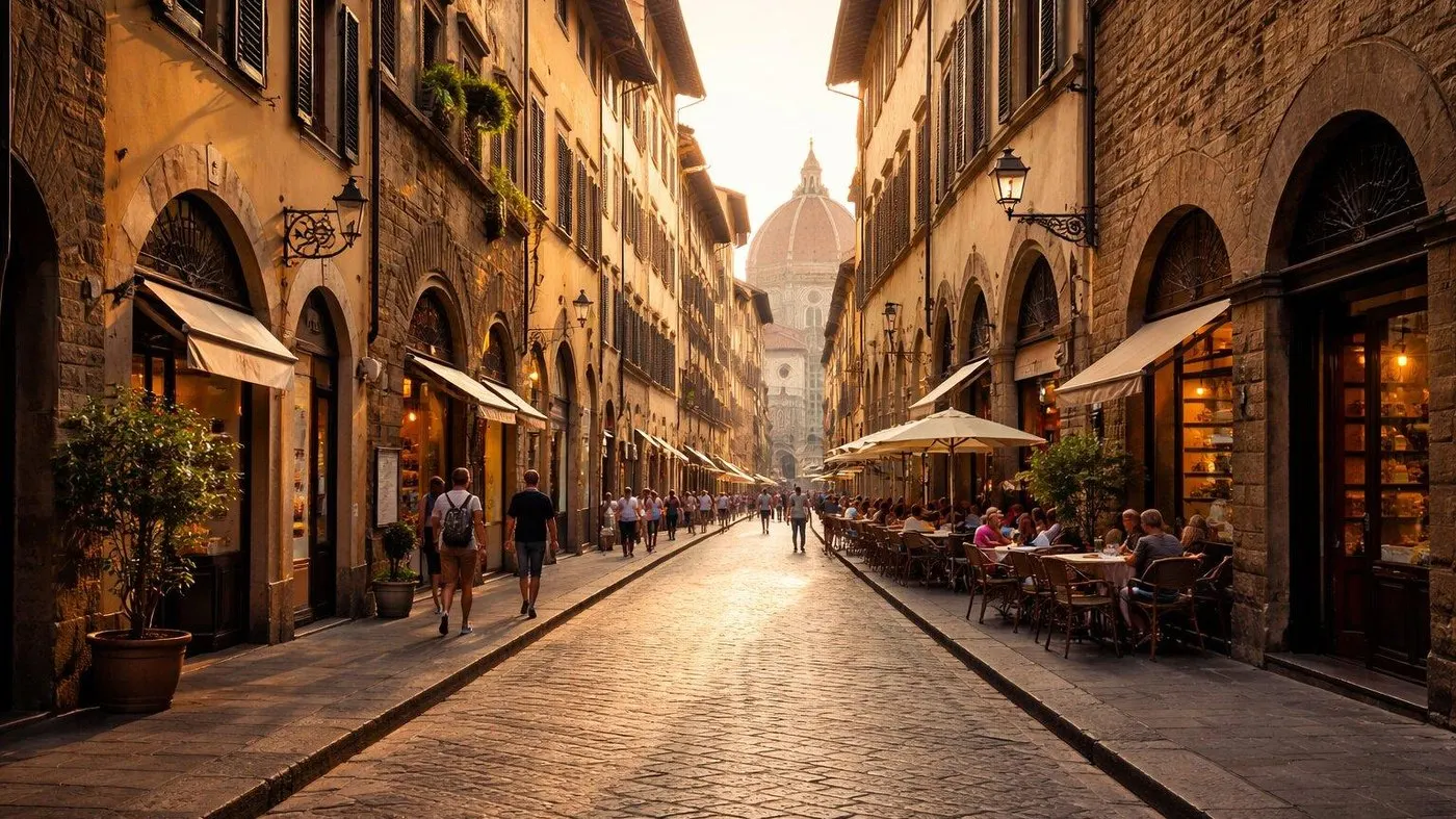 Florence, best Italian city for Renaissance art: a stone street framing Brunelleschi's dome at golden hour