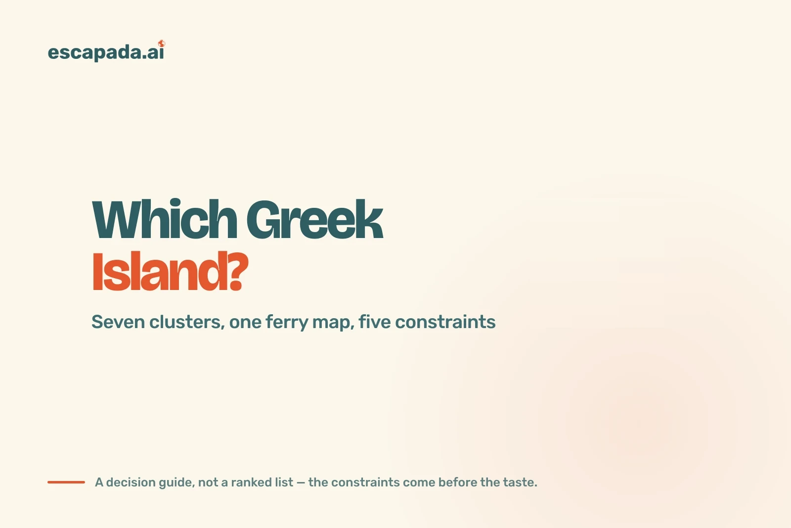 Which Greek island should you visit: a title card reading seven clusters, one ferry map, five constraints