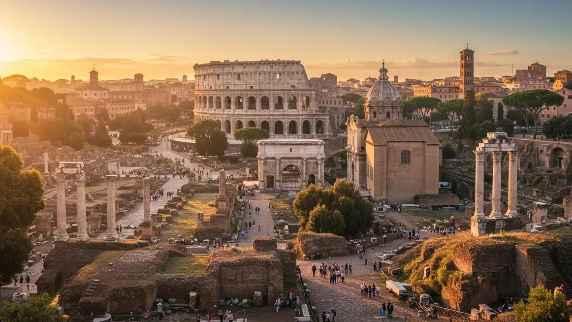 Rome, the best city in Italy for history: the Roman Forum and the Colosseum at sunset