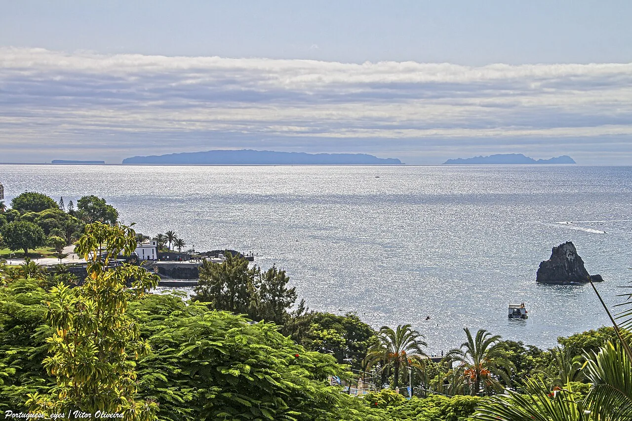 The coast at Funchal, Madeira, seen over subtropical gardens with the Atlantic beyond